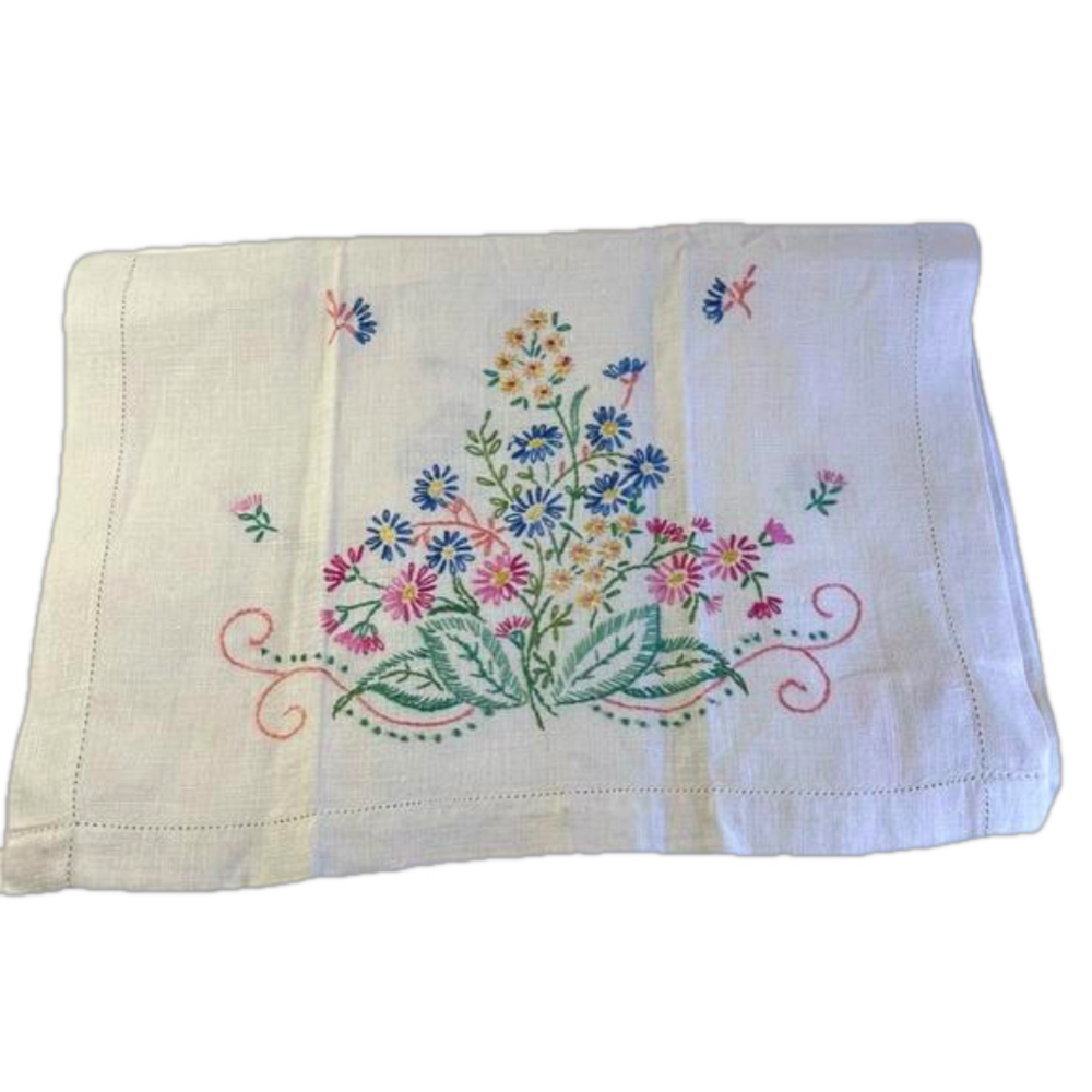 Vintage Hand Embroidered Floral Cotton Table Runner 40" x15" Hemstitching Edge